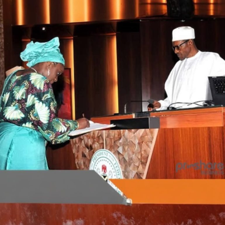 Former Finance Minister Kemi Adeosun pays her respects to late President Muhammadu Buhari.