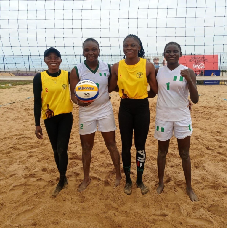 Nigerian women’s beach volleyball pair celebrating victory over Ghana in the 2025 CAVB Zone 3 Nations Cup final in Ivory Coast.