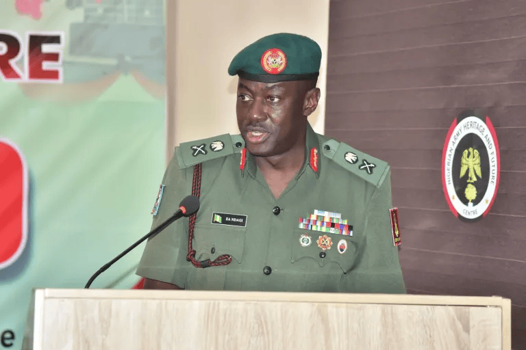 Major General M.A. Etsu Ndagi addresses troops at the 17 Brigade Human Rights and Professional Conduct workshop, warning against arms sales and misconduct.