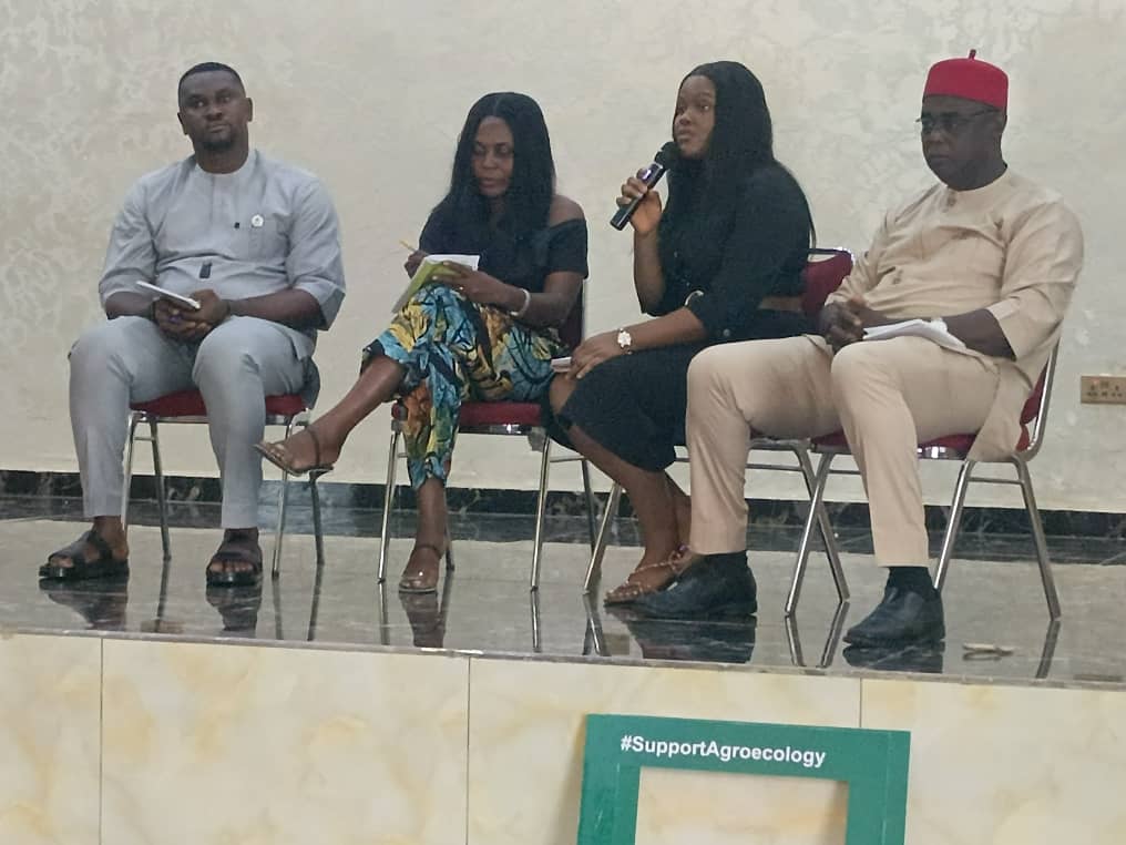 A group of agroecology experts speaking at a stakeholder forum on sustainable agriculture policy in Nigeria