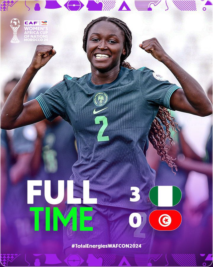 Super Falcons celebrate 3-0 victory over Tunisia at the 2025 WAFCON Group B opener.