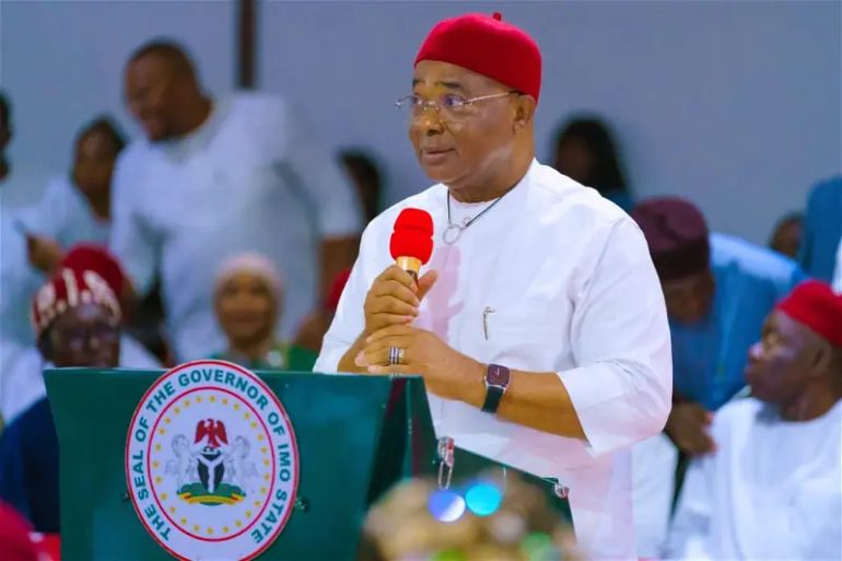 Governor Hope Uzodimma announces N104,000 minimum wage in Imo State during a meeting with labour leaders in Owerri.