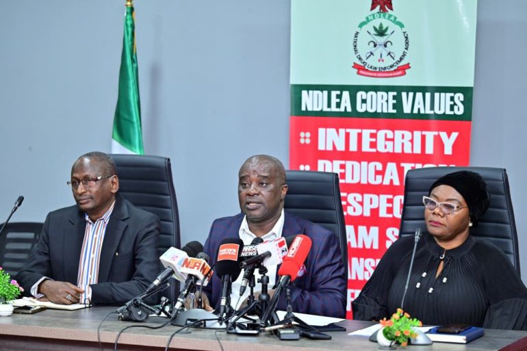 NDLEA officials during press briefing on Kano Airport drug syndicate behind Saudi Arabia pilgrims’ arrest.