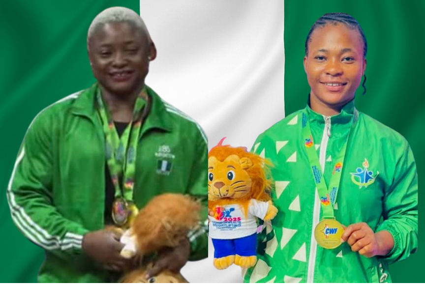 Nigerian weightlifter Islamiyat Yusuf celebrates after winning gold at the 2025 Commonwealth Weightlifting Championships in Ahmedabad, India.