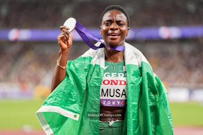 Nigeria’s Tobi Amusan celebrates after winning silver in the 100m hurdles final at the 2025 World Athletics Championships in Tokyo