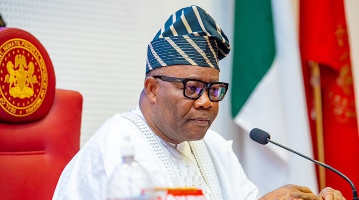 Senate President Godswill Akpabio addressing colleagues at the Senate plenary after the annual recess, pledging accountability and legislative action.