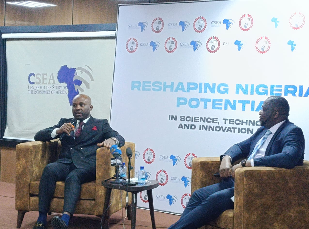 Nigeria’s Minister of Innovation, Science and Technology, Kingsley Udeh, addressing participants at a CSEA fireside chat in Abuja on innovation and industrial growth.