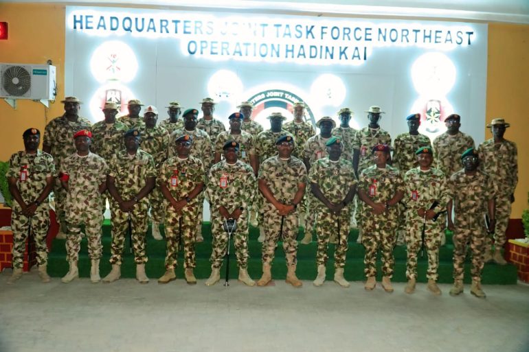Major General John Adeyemo reviewing artillery platforms at Operation HADIN KAI headquarters in North-East Nigeria