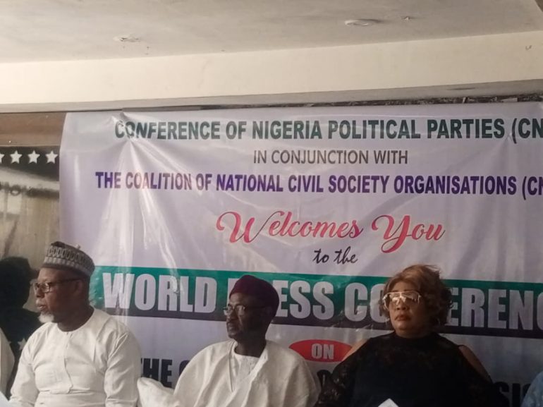 CNPP and civil society leaders speaking at a press conference in Abuja on the Rivers State political crisis