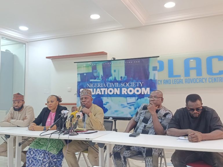 Civil society leaders in Abuja condemning Senate for weakening Electoral Act Amendment Bill 2026, calling for mandatory electronic transmission and realistic timelines.