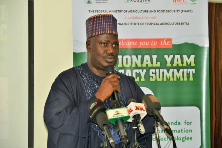 Minister of State for Agriculture Aliyu Sabi Abdullahi speaking at the National Yam Advocacy Summit on improving Nigeria’s yam yield.