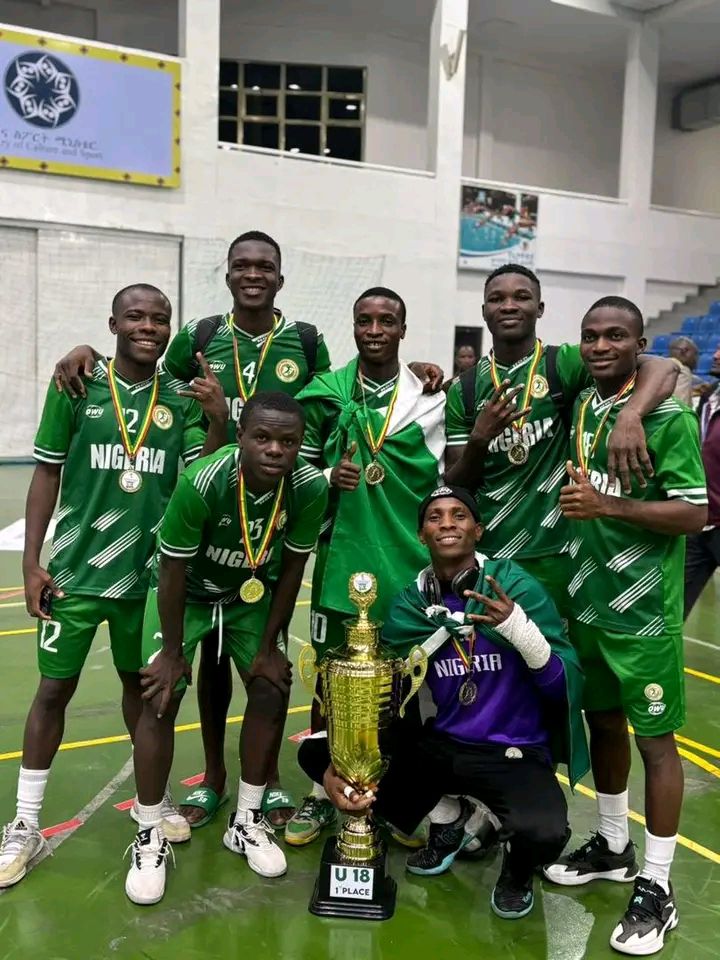 Nigeria U-18 and U-20 handball teams celebrating victory after winning Zone 3 titles in Lomé, Togo