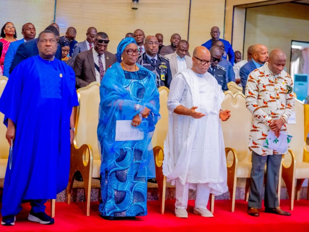 Senate President Godswill Akpabio speaking at the Democracy Day church service in Abuja, urging Nigerians to remain hopeful amid security and economic challenges
