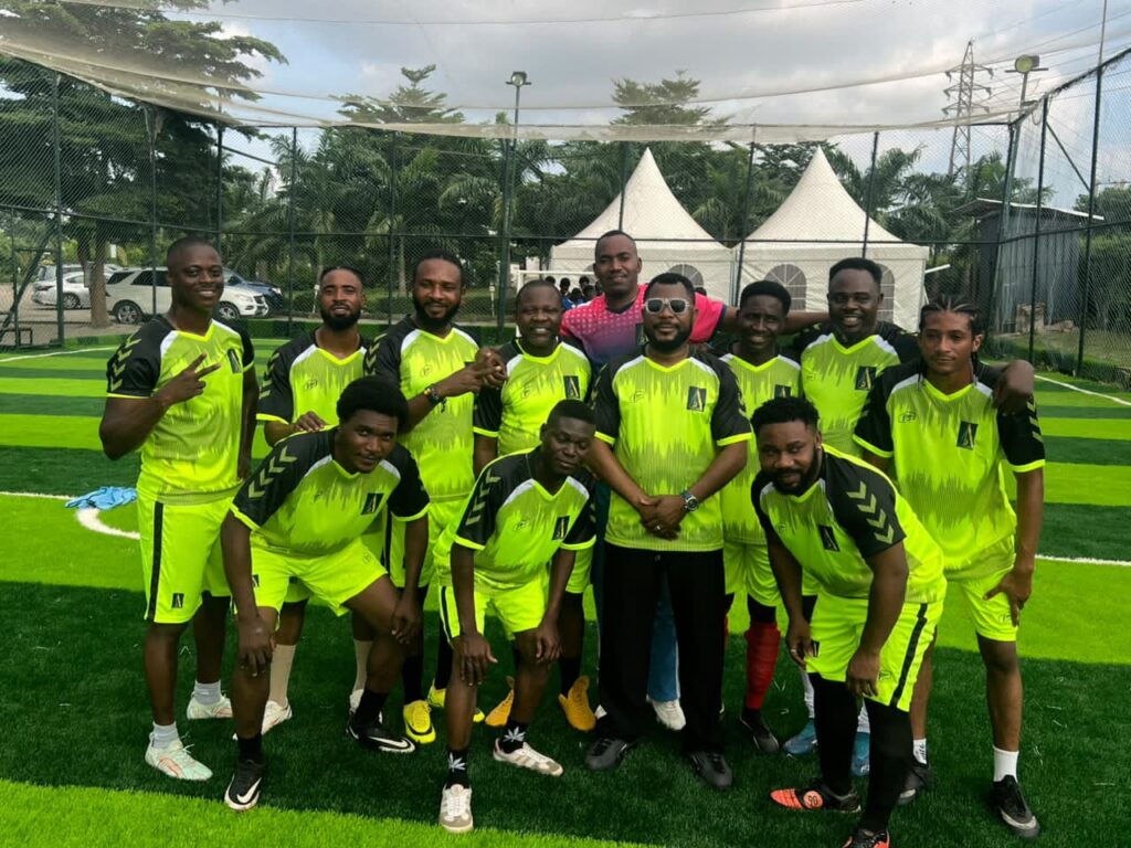 Actors Guild of Nigeria FCT players celebrating after beating PMAN 3-1 in Abuja.
