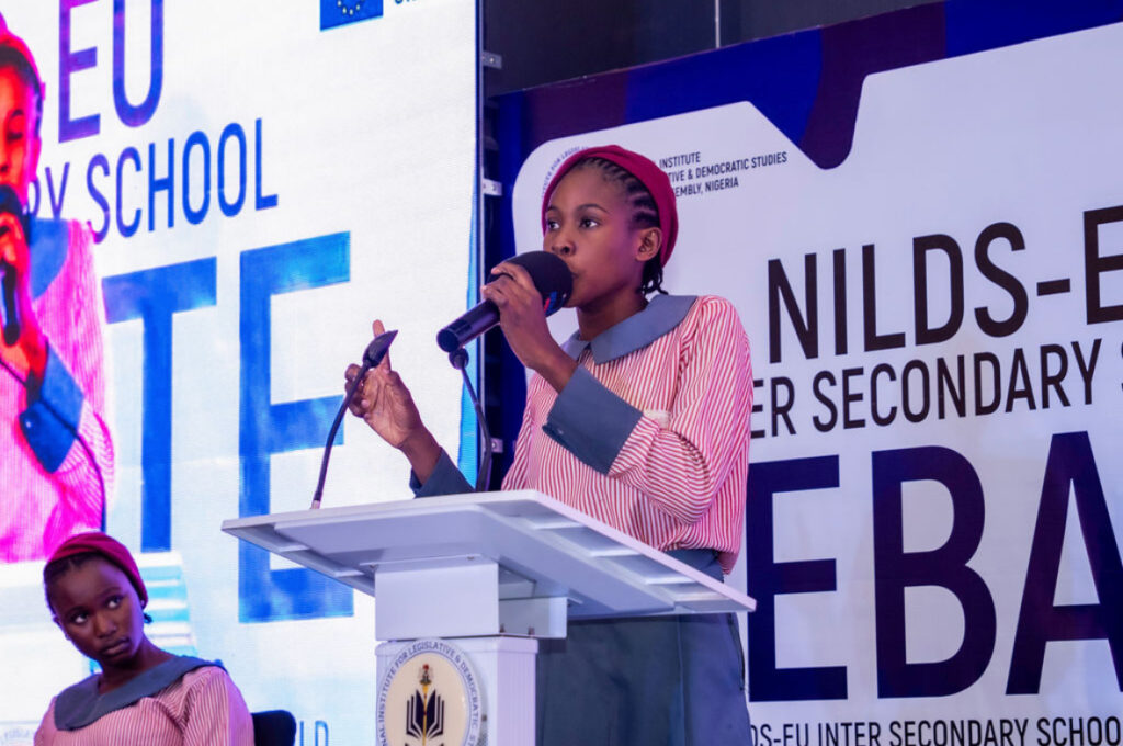 Onuoha Grace of Government Secondary School, Dutse Alhaji, speaking after her school won the FCT girls’ rights debate.