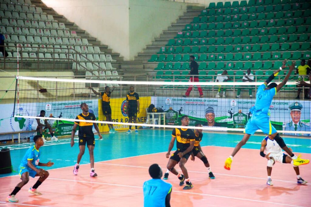 Nigeria Customs Service and COAS Spikers compete in the 2026 CGC Volleyball Premier League in Abuja.